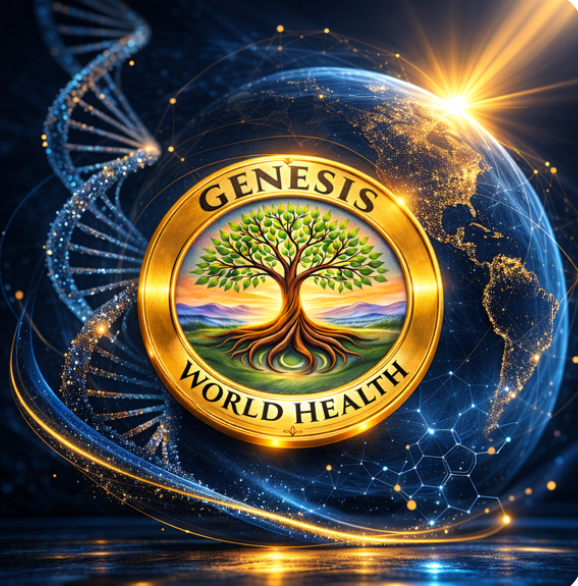 Genesis World Health - Tree of Life emblem with DNA helix and global healing network